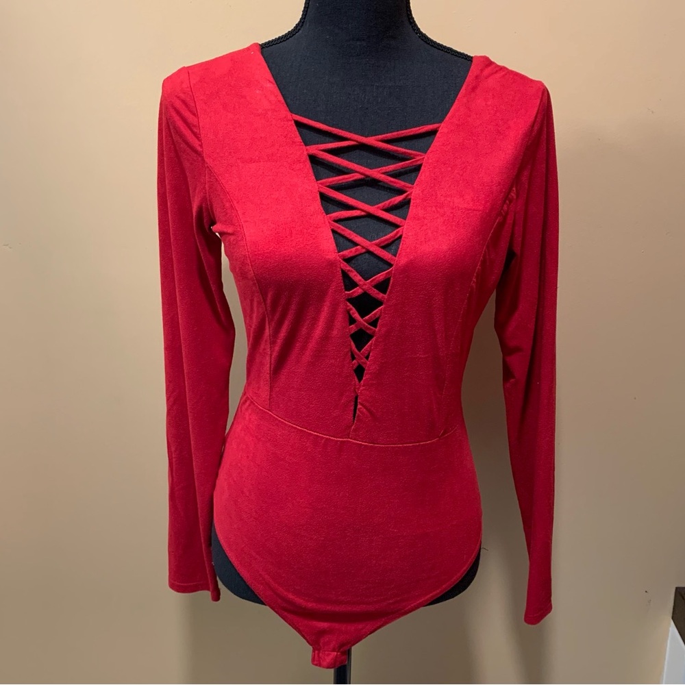 Red Velvet V-Neck Bodysuit Size Large
